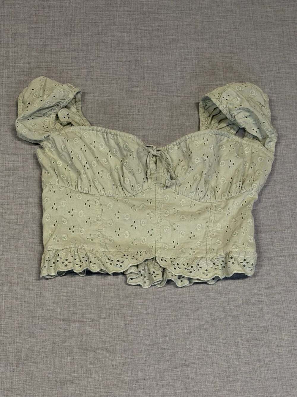 Hollister Sage Green Eyelet Crop Top with Puff Sleeves and Smocked Back